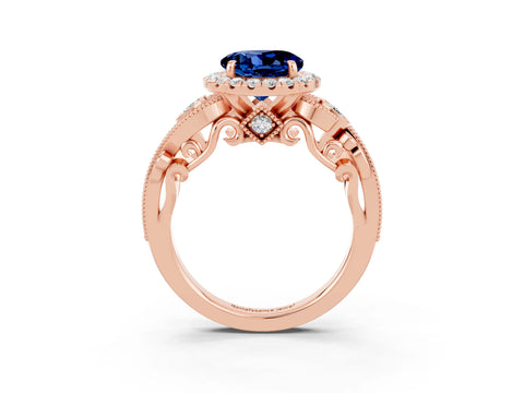 Rose gold Round Cut Blue Sapphire Halo Ring with Milgrain Pavé Band and Four-Prong Setting_15