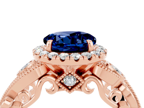 Rose gold Round Cut Blue Sapphire Halo Ring with Milgrain Pavé Band and Four-Prong Setting_16