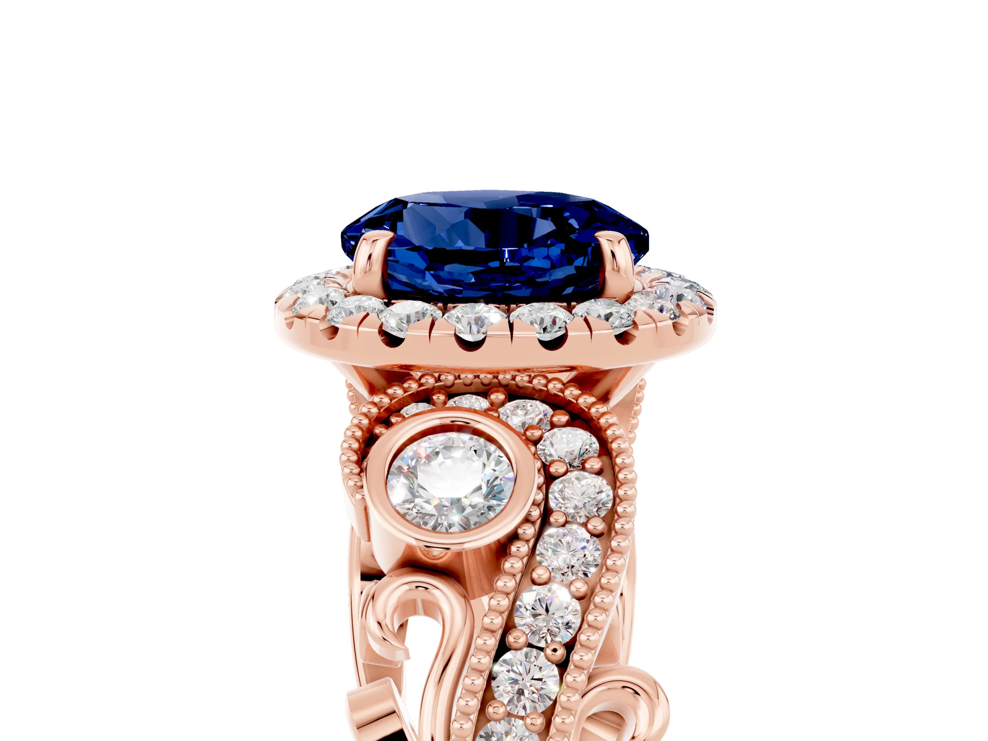 Rose gold Round Cut Blue Sapphire Halo Ring with Milgrain Pavé Band and Four-Prong Setting_17