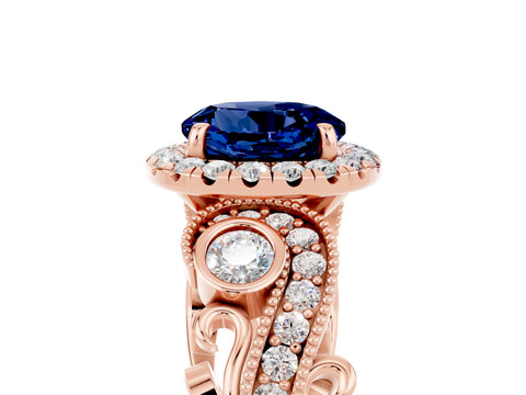 Rose gold Round Cut Blue Sapphire Halo Ring with Milgrain Pavé Band and Four-Prong Setting_17