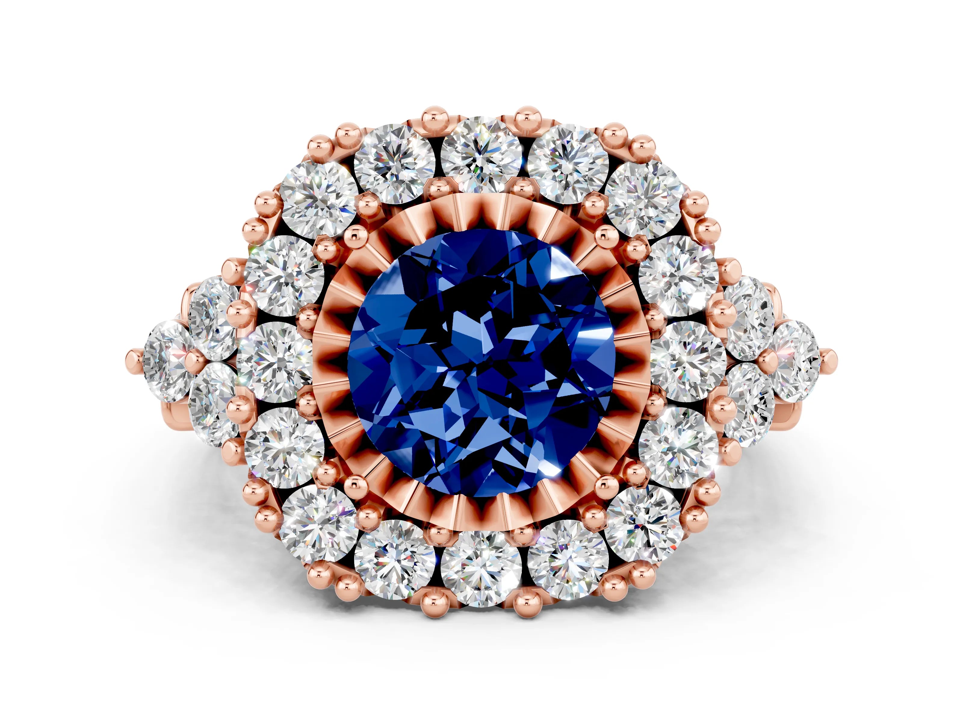Rose gold Round Cut Blue Sapphire Halo Ring with Pavé Band and Four-Prong Setting_12