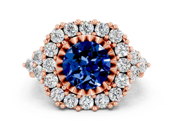 Rose gold Round Cut Blue Sapphire Halo Ring with Pavé Band and Four-Prong Setting