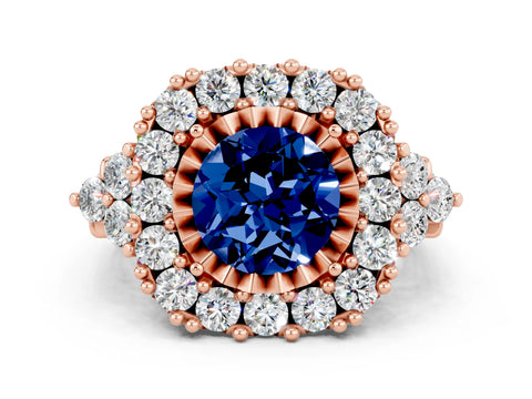 Rose gold Round Cut Blue Sapphire Halo Ring with Pavé Band and Four-Prong Setting_12
