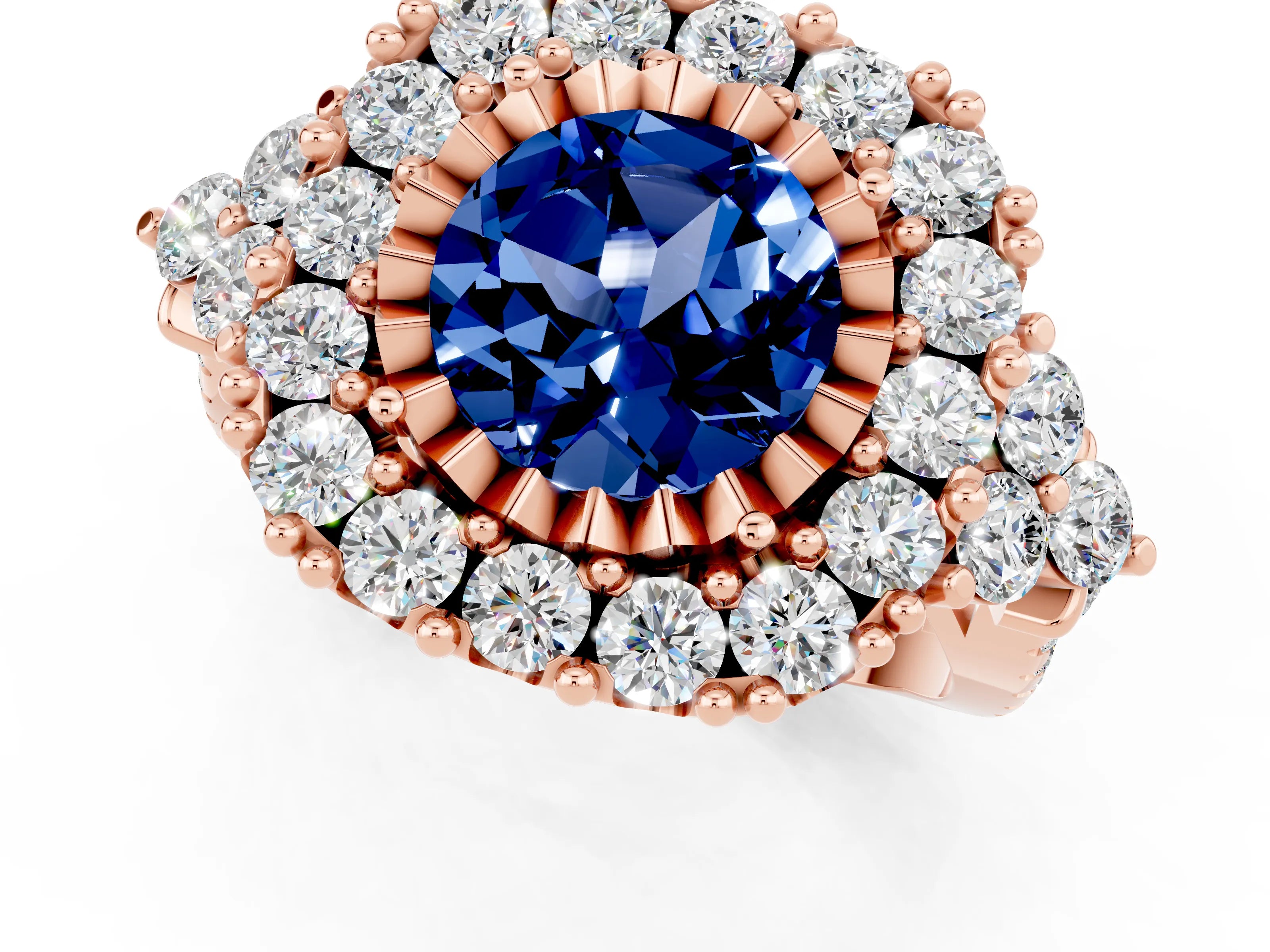 Rose gold Round Cut Blue Sapphire Halo Ring with Pavé Band and Four-Prong Setting_13