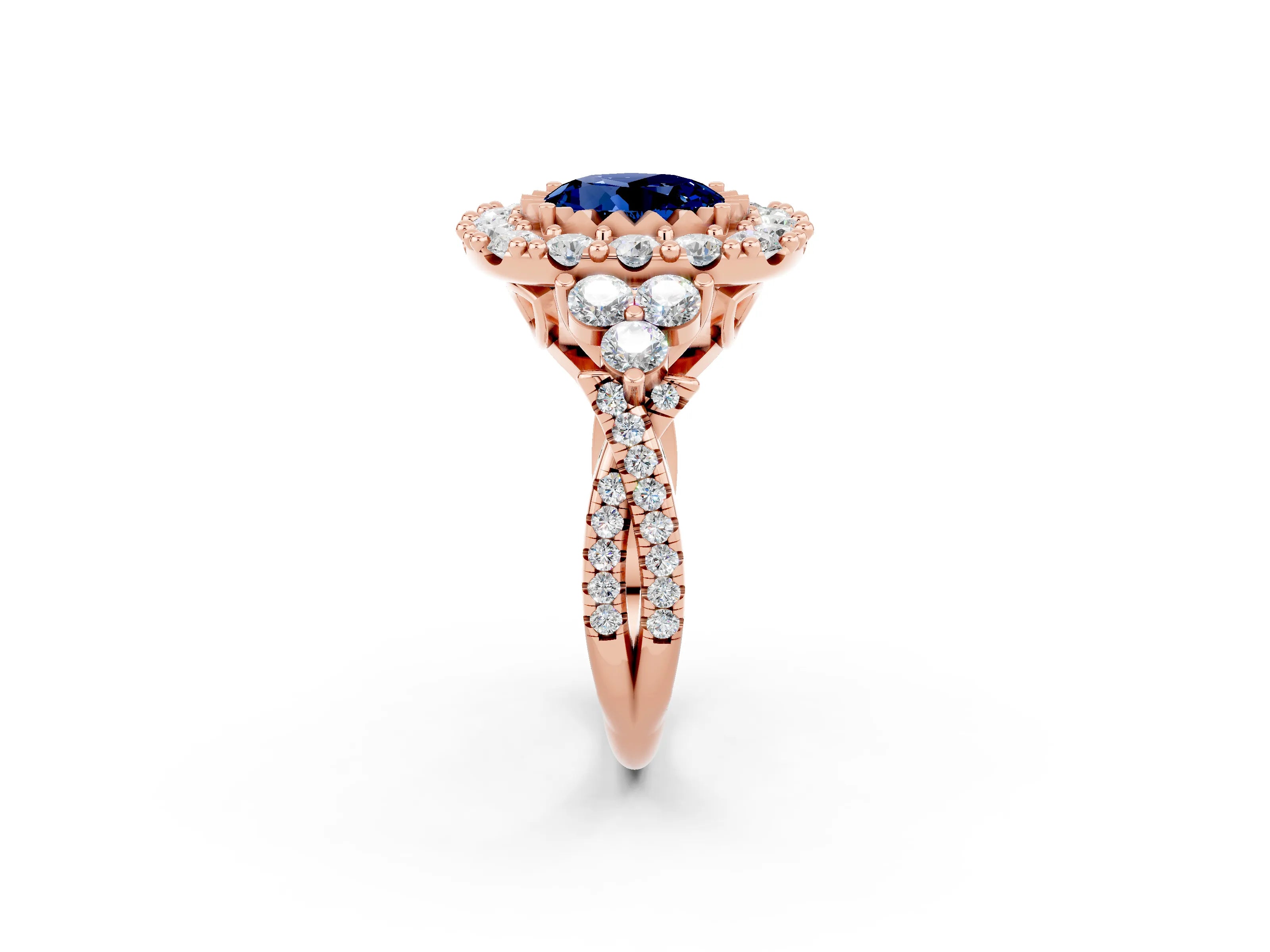 Rose gold Round Cut Blue Sapphire Halo Ring with Pavé Band and Four-Prong Setting_14
