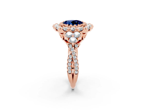 Rose gold Round Cut Blue Sapphire Halo Ring with Pavé Band and Four-Prong Setting
