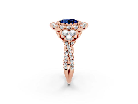 Rose gold Round Cut Blue Sapphire Halo Ring with Pavé Band and Four-Prong Setting_14