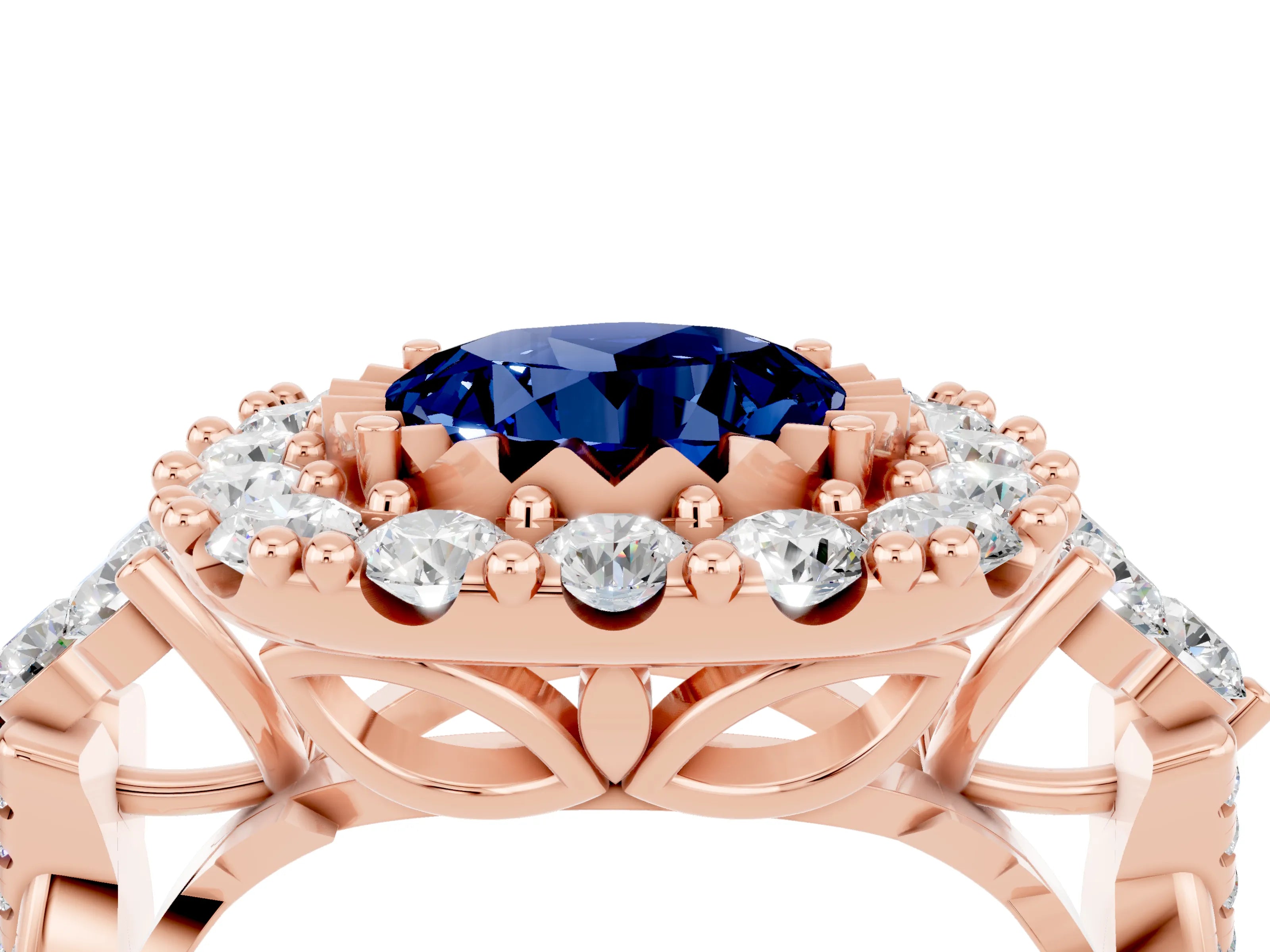 Rose gold Round Cut Blue Sapphire Halo Ring with Pavé Band and Four-Prong Setting_16