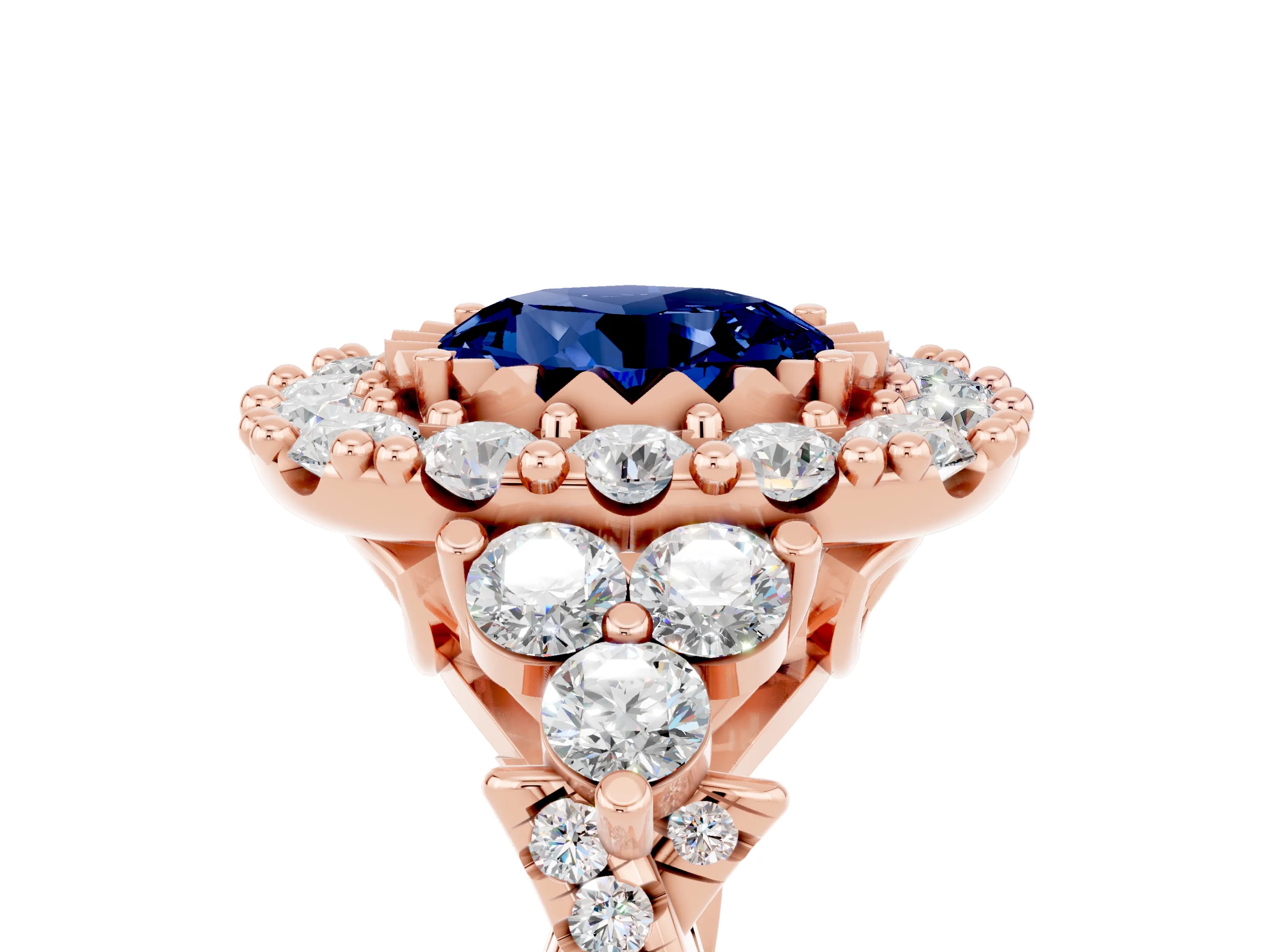 Rose gold Round Cut Blue Sapphire Halo Ring with Pavé Band and Four-Prong Setting_17