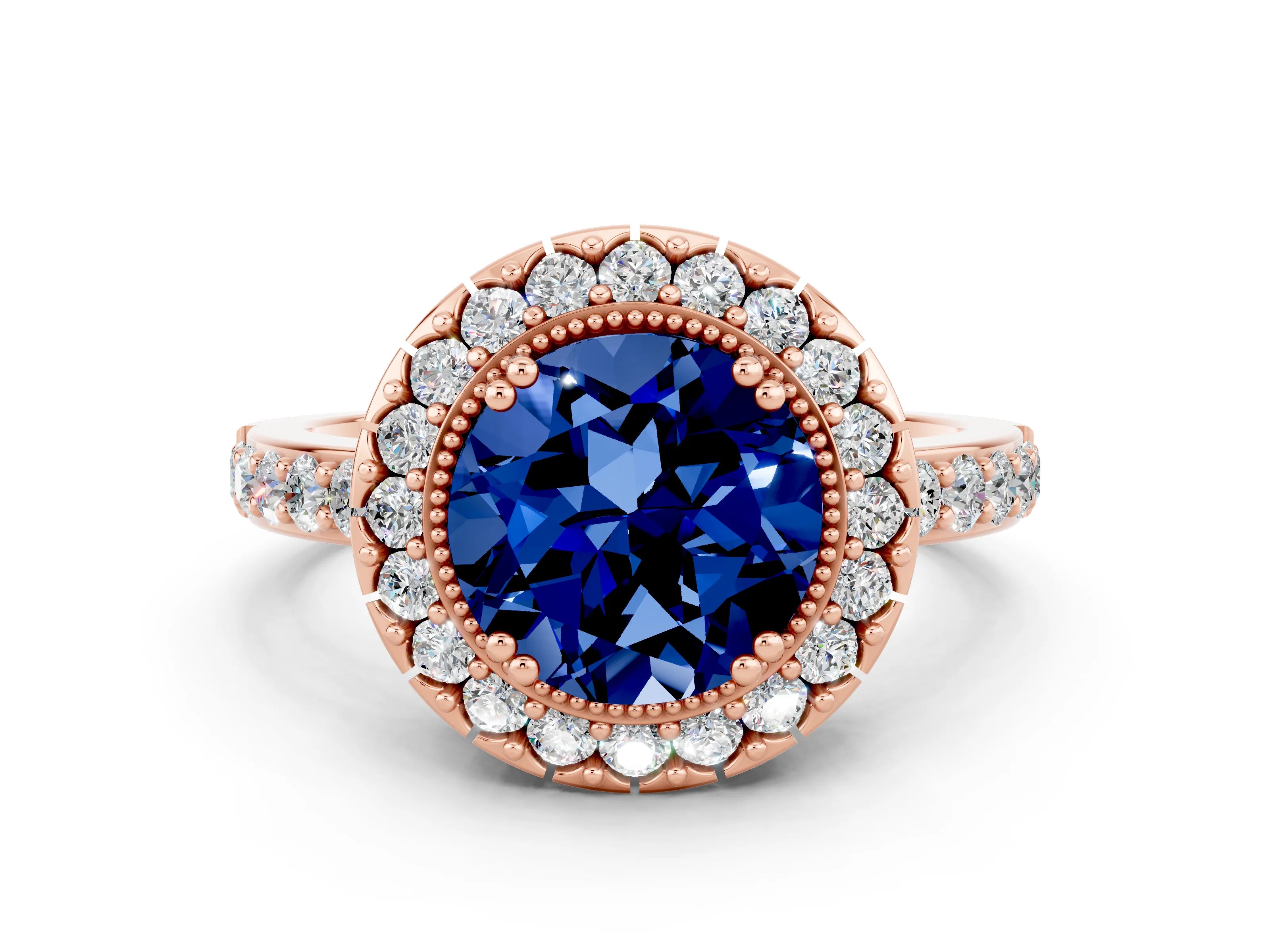 Rose gold Round Cut Blue Sapphire Halo Ring with Pavé Band and Prong Setting
