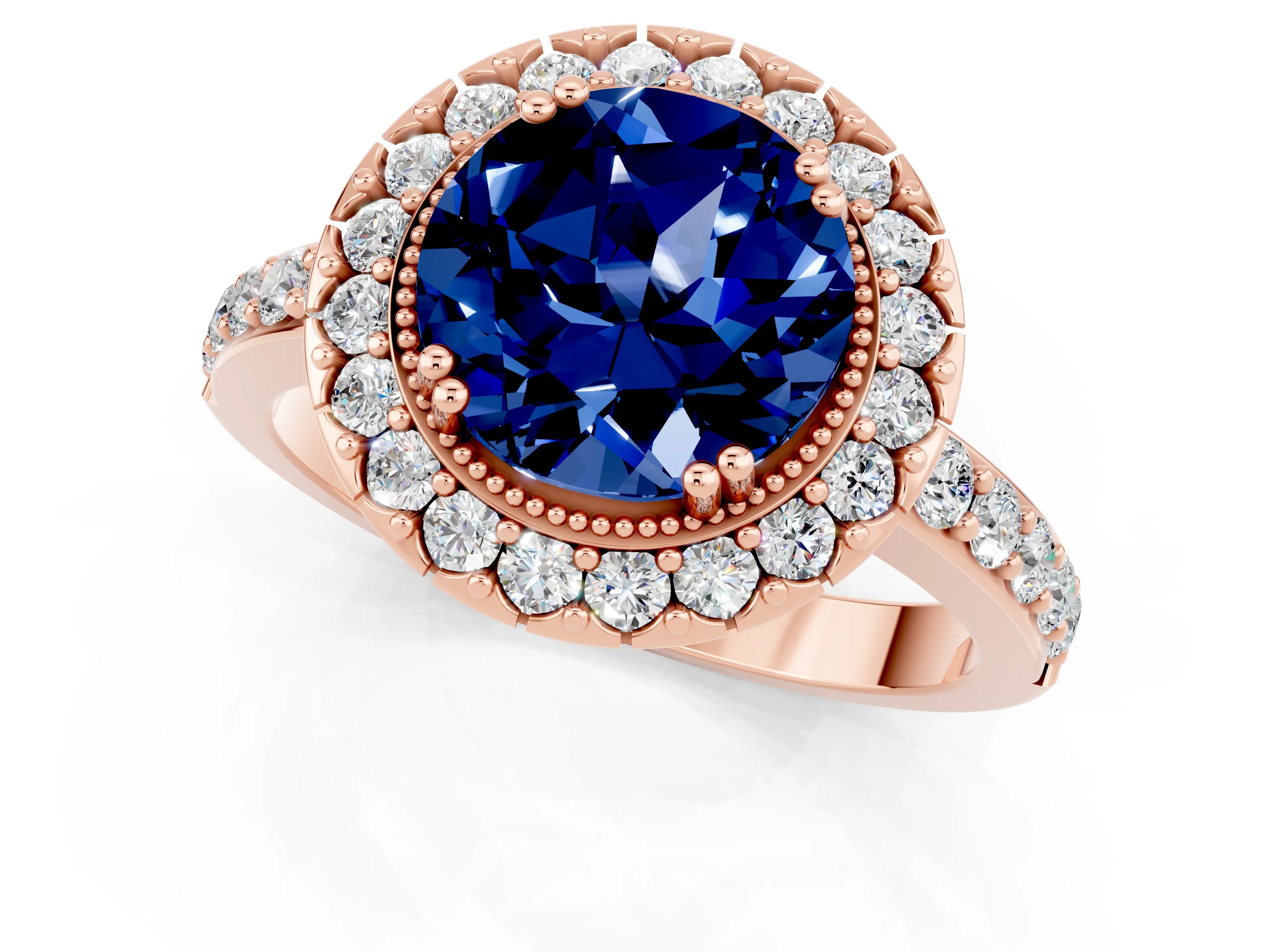 Rose gold Round Cut Blue Sapphire Halo Ring with Pavé Band and Prong Setting_1