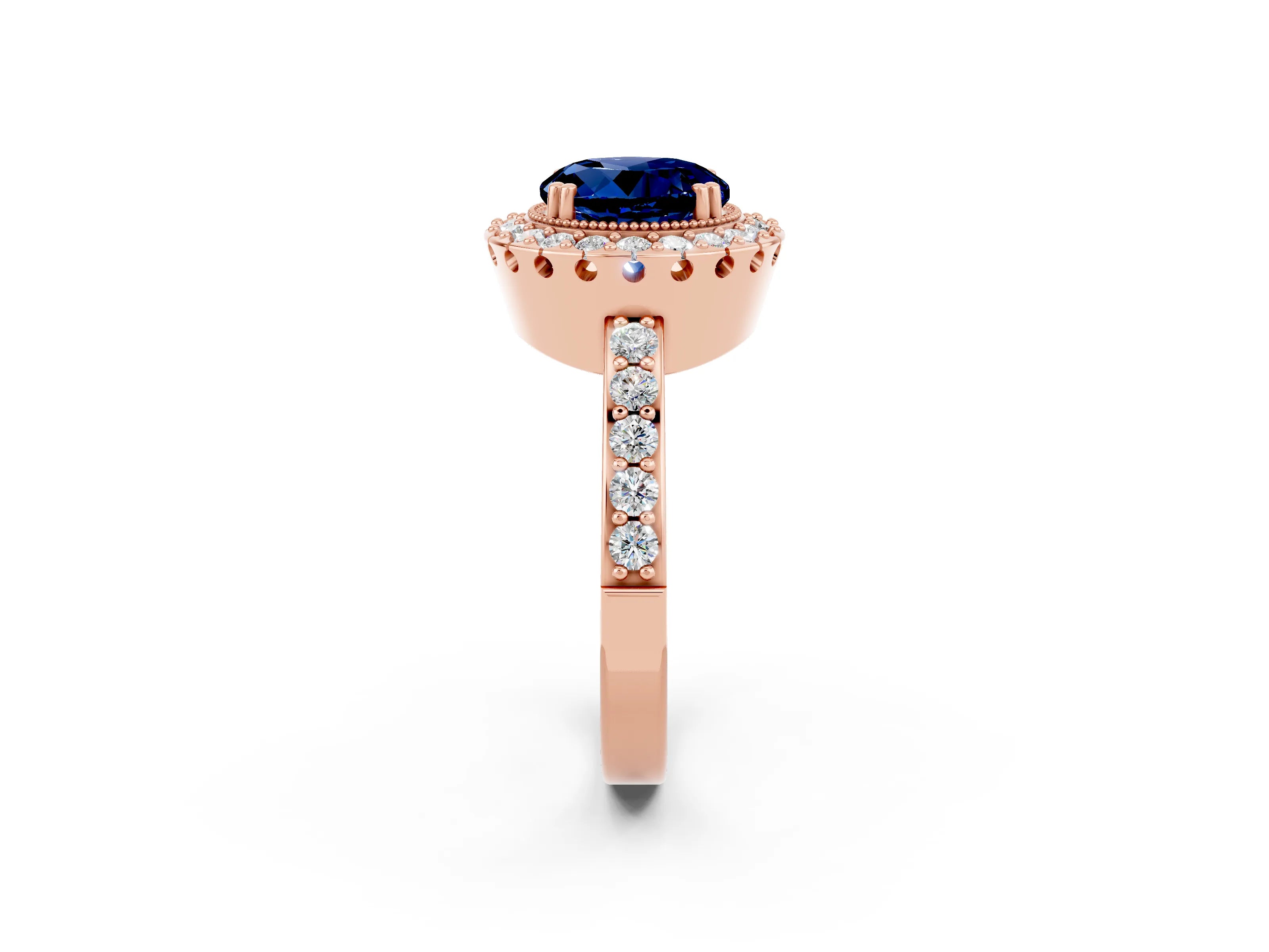 Rose gold Round Cut Blue Sapphire Halo Ring with Pavé Band and Prong Setting_2