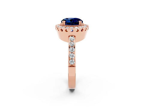 Rose gold Round Cut Blue Sapphire Halo Ring with Pavé Band and Prong Setting_2