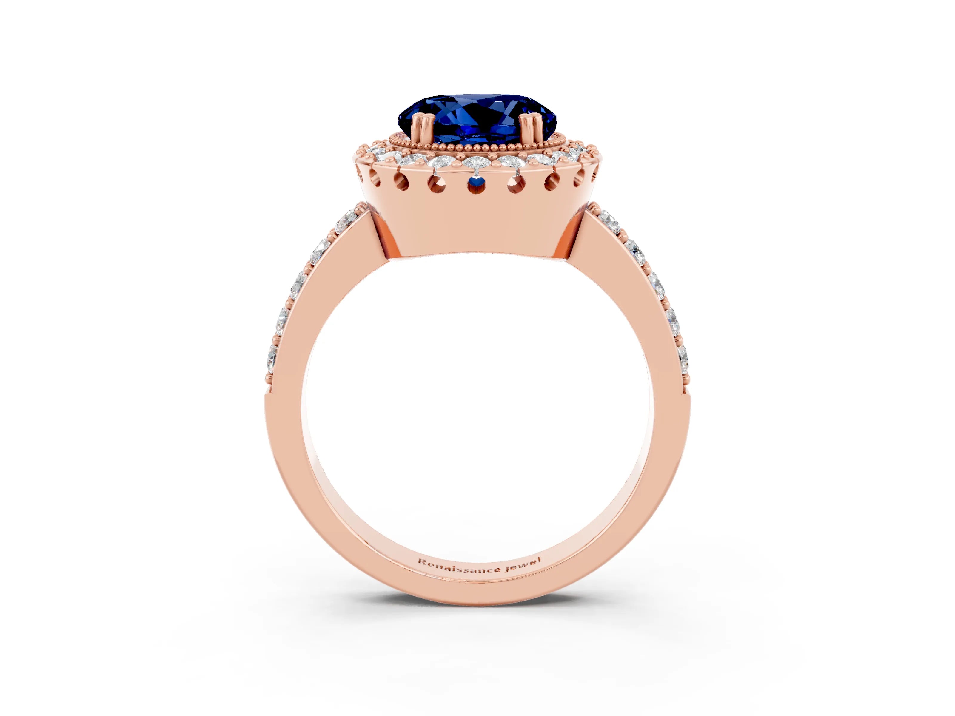 Rose gold Round Cut Blue Sapphire Halo Ring with Pavé Band and Prong Setting_3