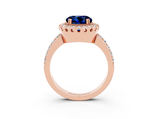 Rose gold Round Cut Blue Sapphire Halo Ring with Pavé Band and Prong Setting