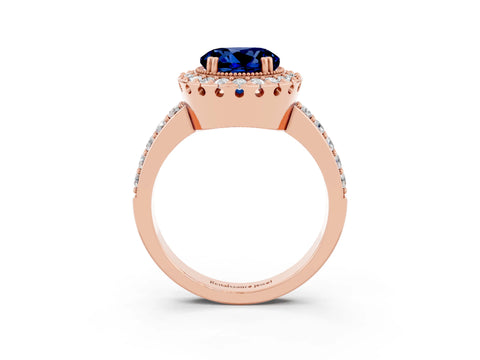 Rose gold Round Cut Blue Sapphire Halo Ring with Pavé Band and Prong Setting_3