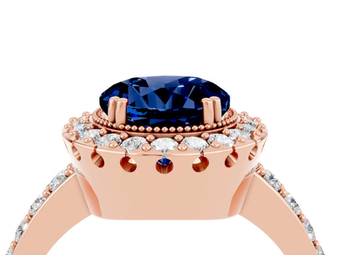 Rose gold Round Cut Blue Sapphire Halo Ring with Pavé Band and Prong Setting_4