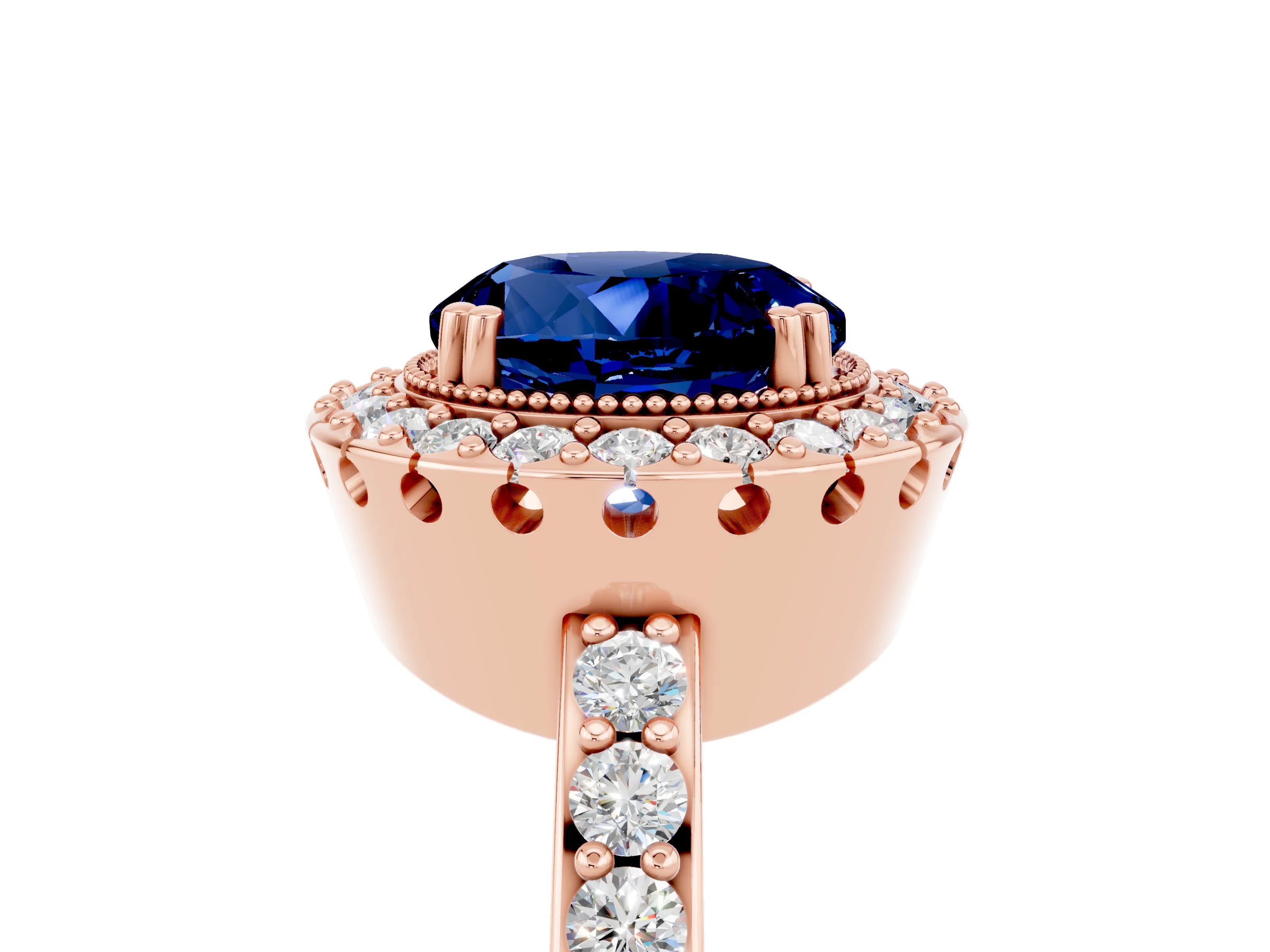 Rose gold Round Cut Blue Sapphire Halo Ring with Pavé Band and Prong Setting_5