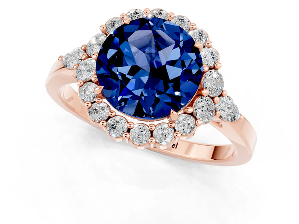 Rose gold Round Cut Blue Sapphire Halo Ring with Pear Side Stones and Prong Setting