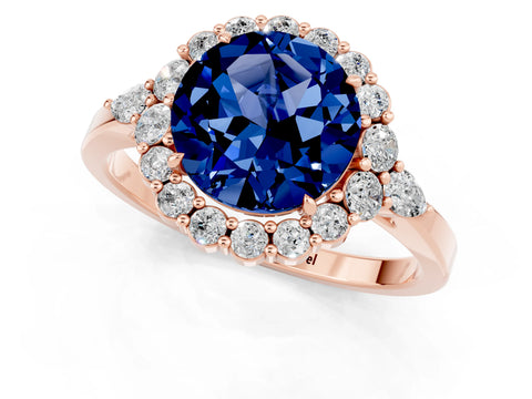 Rose gold Round Cut Blue Sapphire Halo Ring with Pear Side Stones and Prong Setting_13