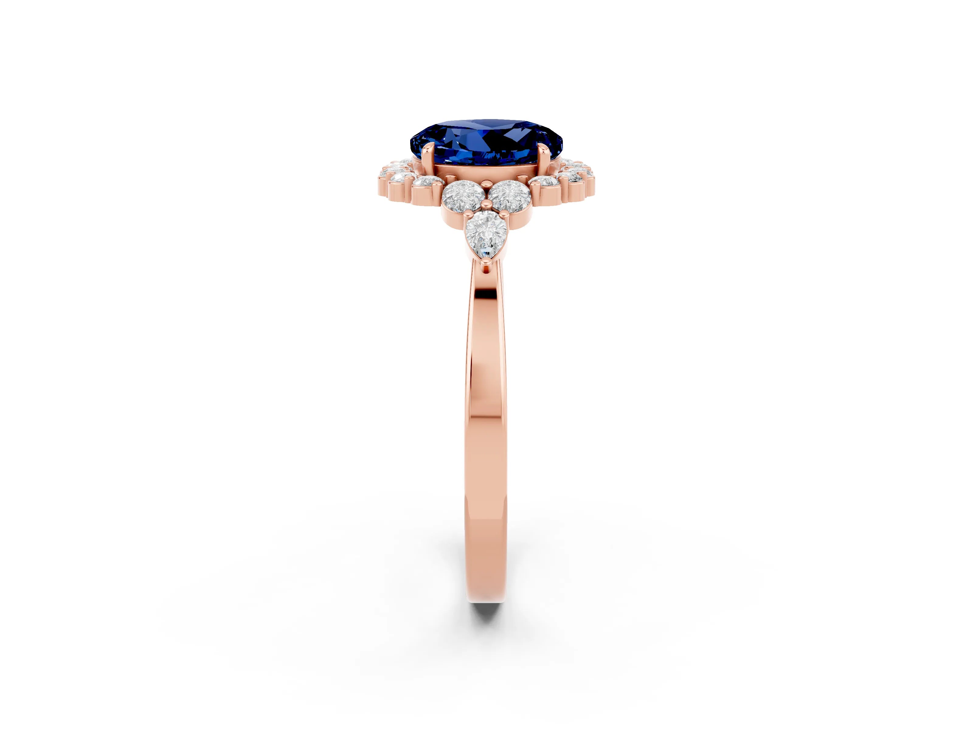 Rose gold Round Cut Blue Sapphire Halo Ring with Pear Side Stones and Prong Setting_14