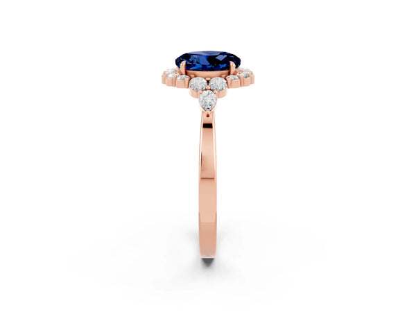 Rose gold Round Cut Blue Sapphire Halo Ring with Pear Side Stones and Prong Setting