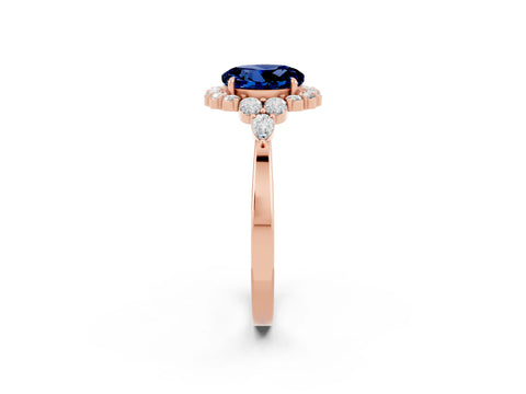 Rose gold Round Cut Blue Sapphire Halo Ring with Pear Side Stones and Prong Setting_14
