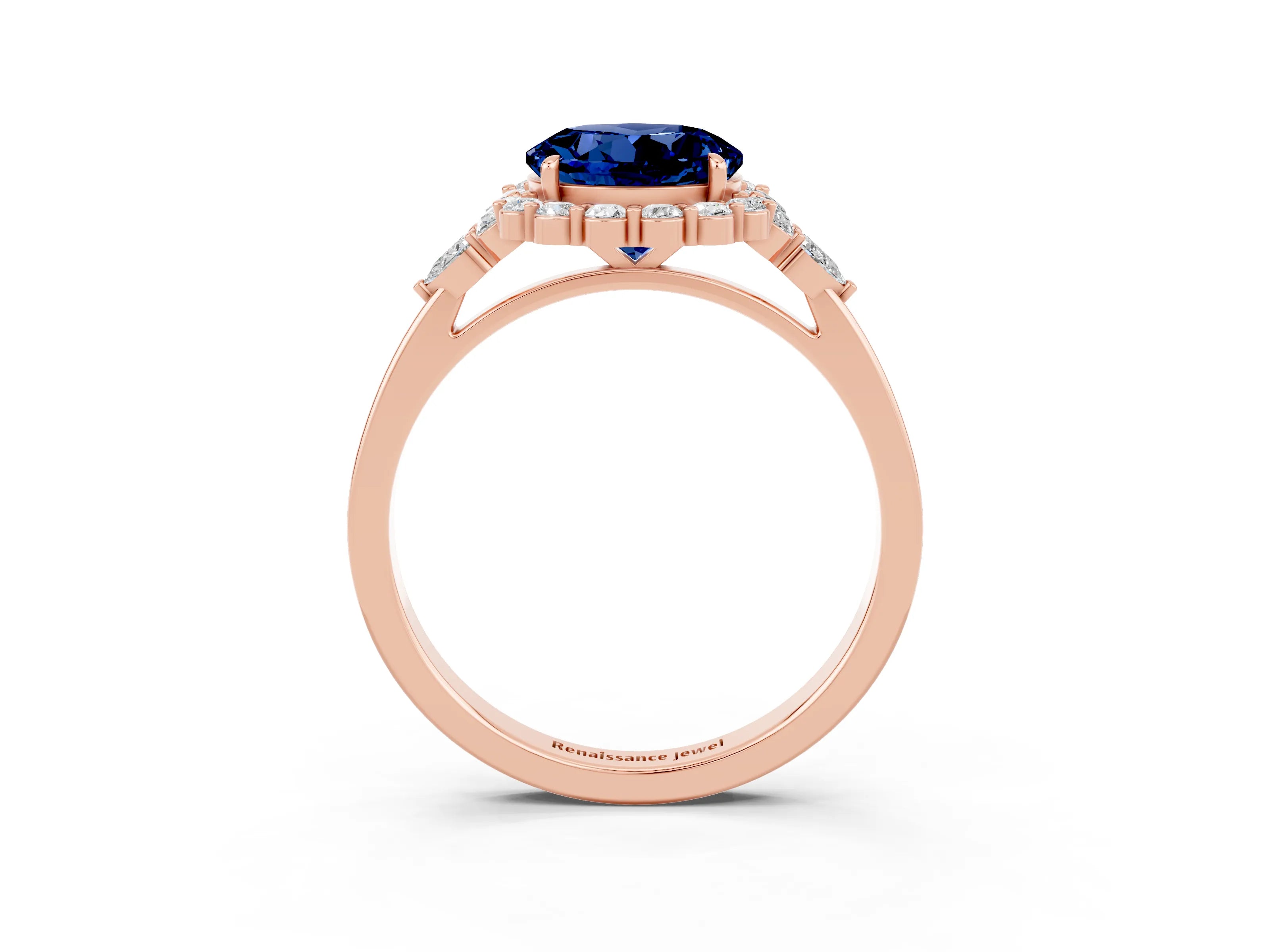 Rose gold Round Cut Blue Sapphire Halo Ring with Pear Side Stones and Prong Setting_15