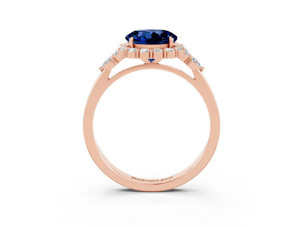 Rose gold Round Cut Blue Sapphire Halo Ring with Pear Side Stones and Prong Setting