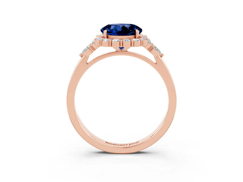 Rose gold Round Cut Blue Sapphire Halo Ring with Pear Side Stones and Prong Setting_15