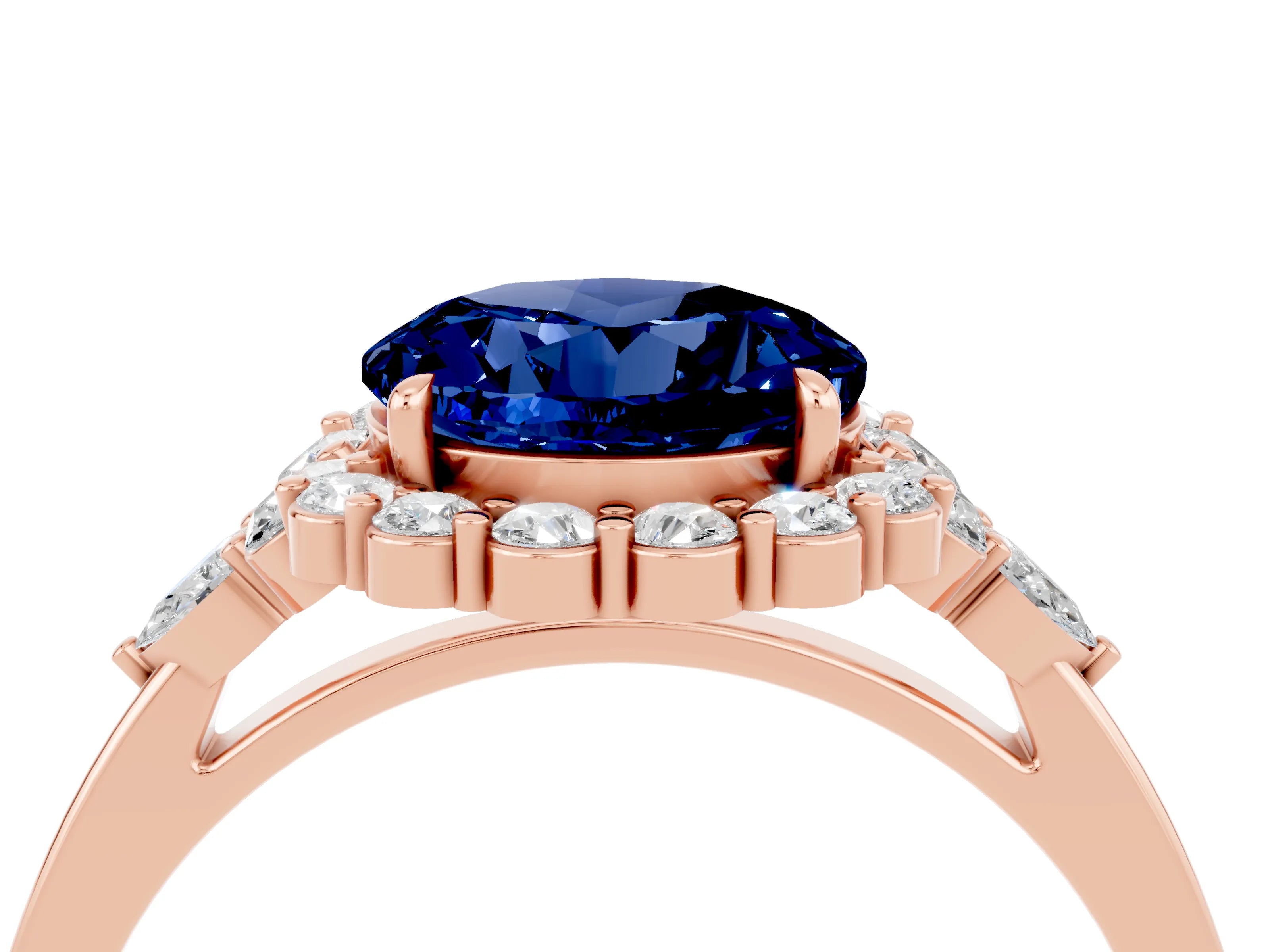 Rose gold Round Cut Blue Sapphire Halo Ring with Pear Side Stones and Prong Setting_16