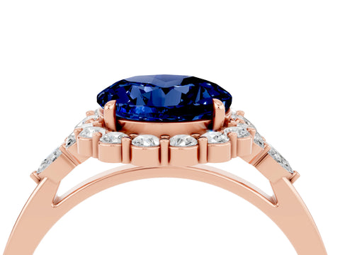 Rose gold Round Cut Blue Sapphire Halo Ring with Pear Side Stones and Prong Setting_16