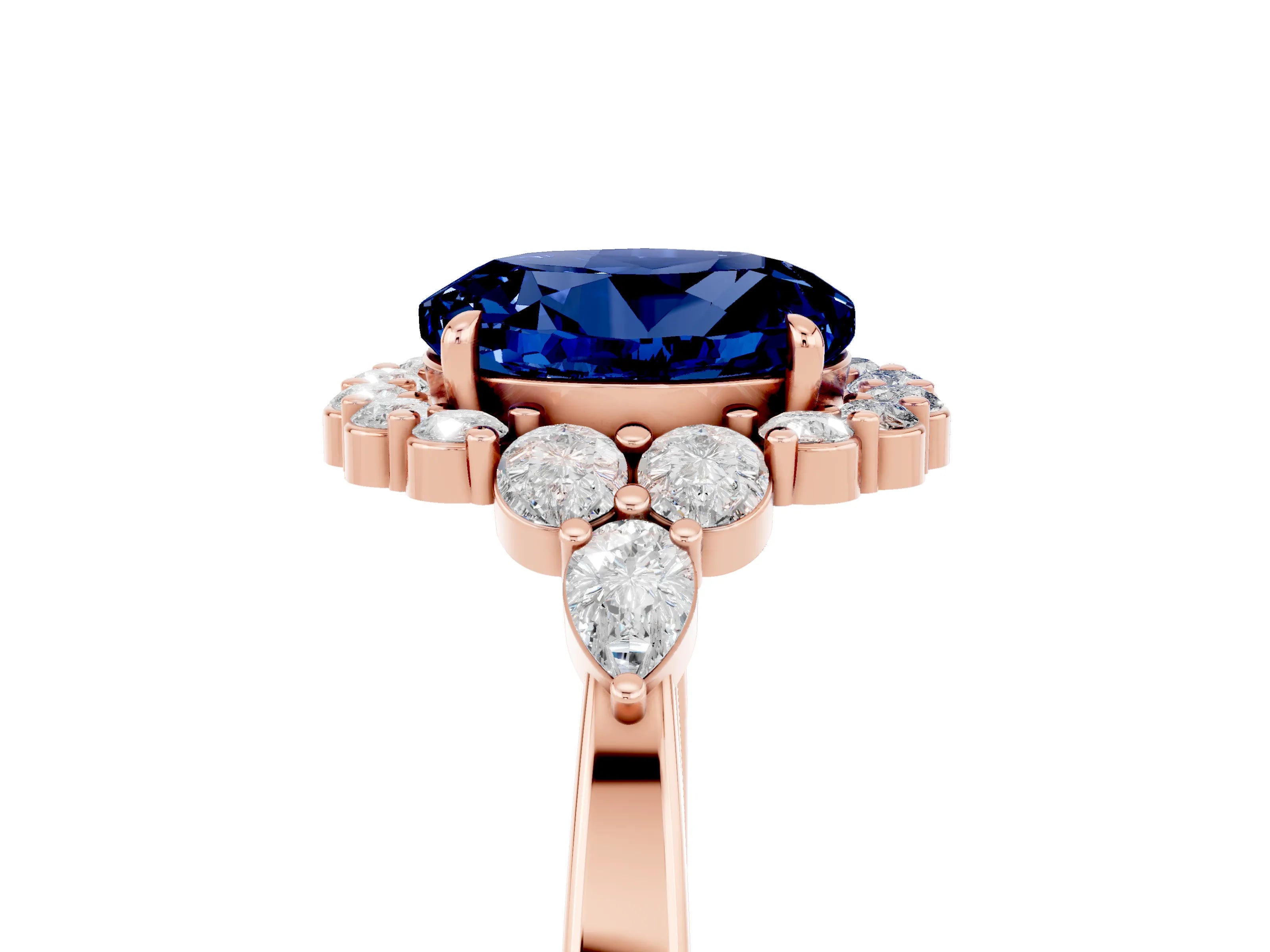 Rose gold Round Cut Blue Sapphire Halo Ring with Pear Side Stones and Prong Setting_17