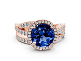 Rose gold Round Cut Blue Sapphire Halo Ring with Round Split Shank and Prong Setting_48