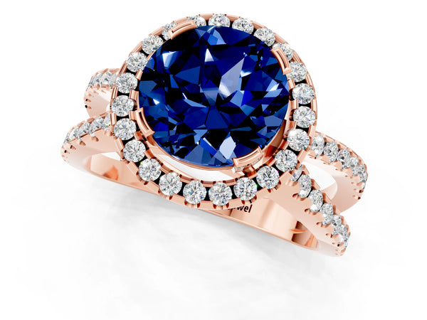 Rose gold Round Cut Blue Sapphire Halo Ring with Split Shank Pavé Band and Prong Setting