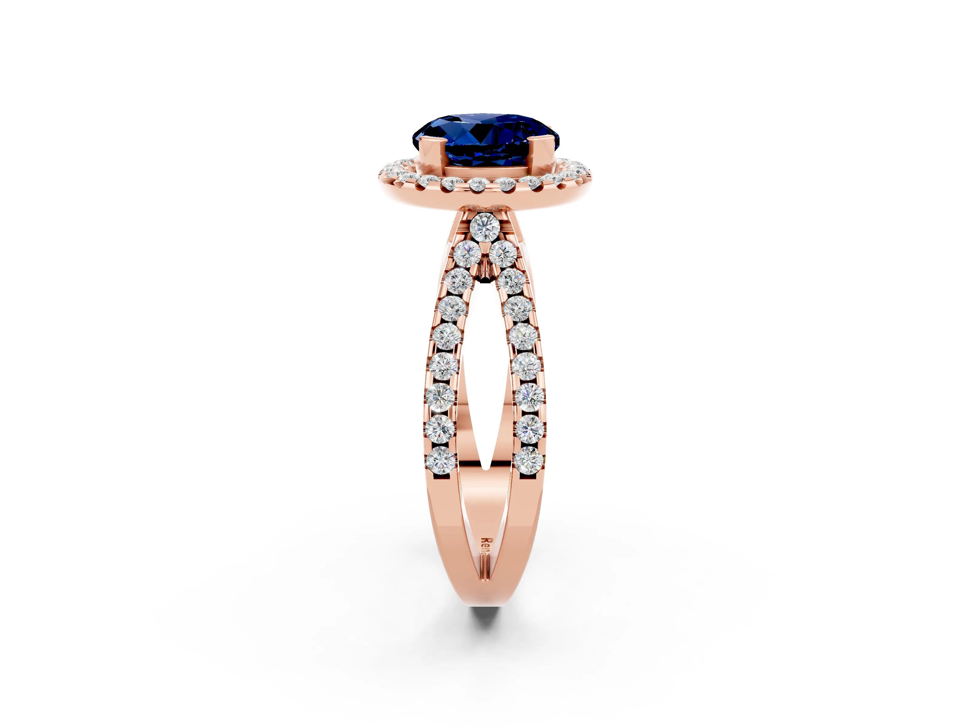 Rose gold Round Cut Blue Sapphire Halo Ring with Split Shank Pavé Band and Prong Setting_2