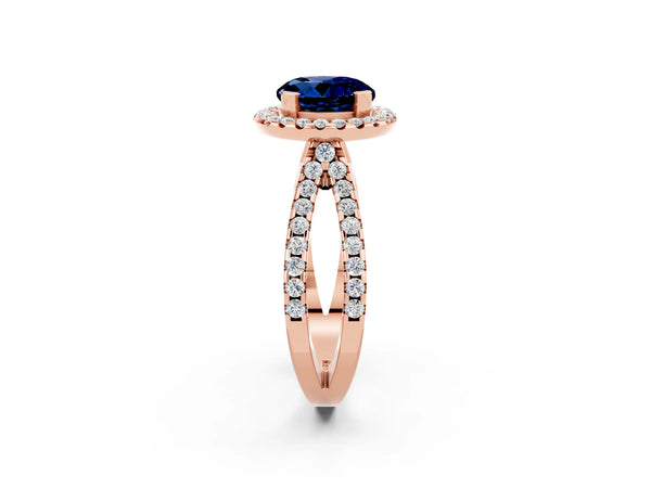 Rose gold Round Cut Blue Sapphire Halo Ring with Split Shank Pavé Band and Prong Setting