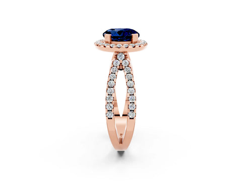 Rose gold Round Cut Blue Sapphire Halo Ring with Split Shank Pavé Band and Prong Setting_2