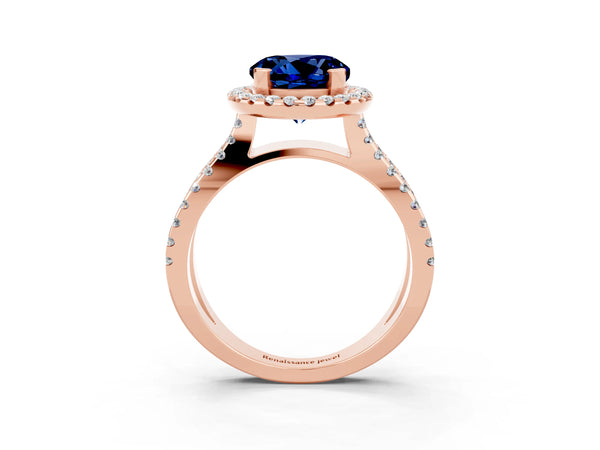 Rose gold Round Cut Blue Sapphire Halo Ring with Split Shank Pavé Band and Prong Setting