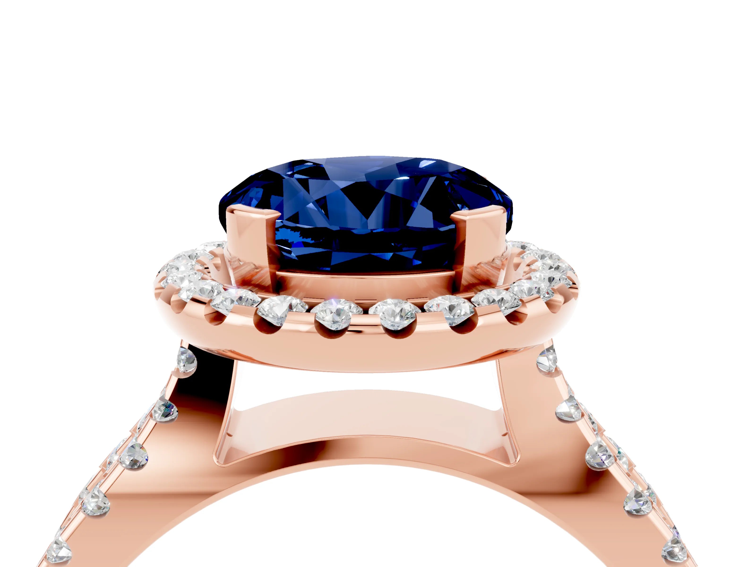 Rose gold Round Cut Blue Sapphire Halo Ring with Split Shank Pavé Band and Prong Setting_4