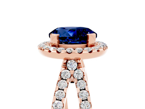 Rose gold Round Cut Blue Sapphire Halo Ring with Split Shank Pavé Band and Prong Setting_5