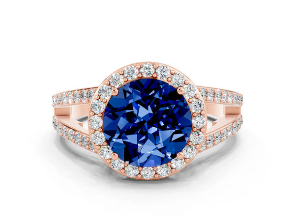 Rose gold Round Cut Blue Sapphire Halo Ring with Split Shank U-Prong Band and Four-Prong Setting