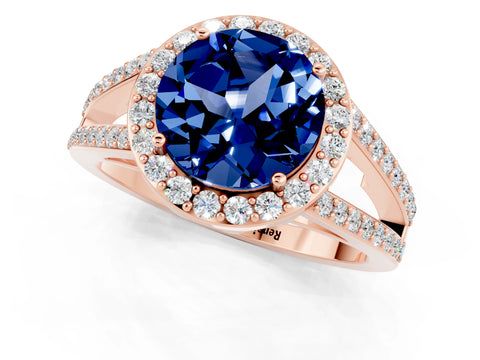 Rose gold Round Cut Blue Sapphire Halo Ring with Split Shank U-Prong Band and Four-Prong Setting_1