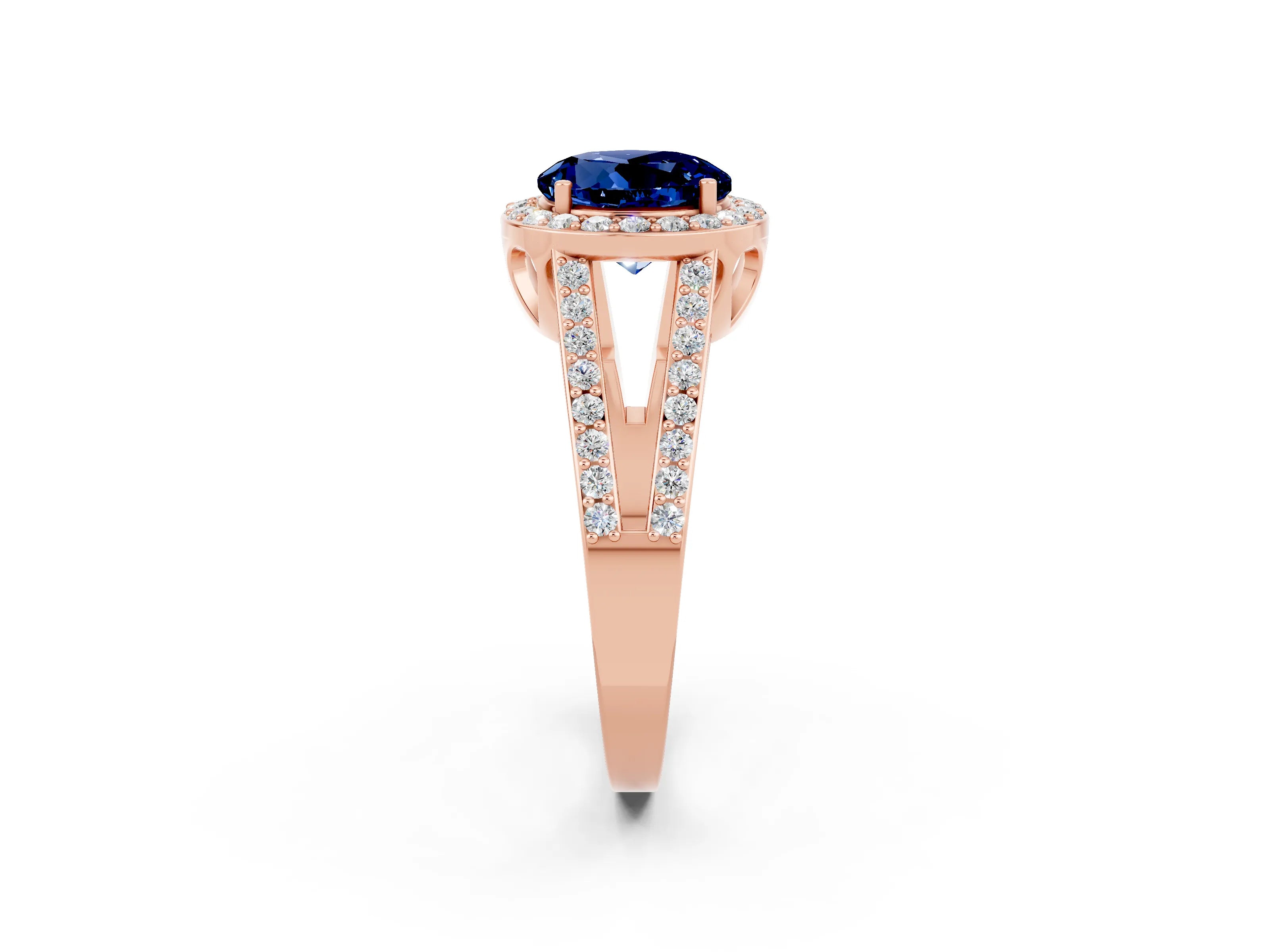 Rose gold Round Cut Blue Sapphire Halo Ring with Split Shank U-Prong Band and Four-Prong Setting_2