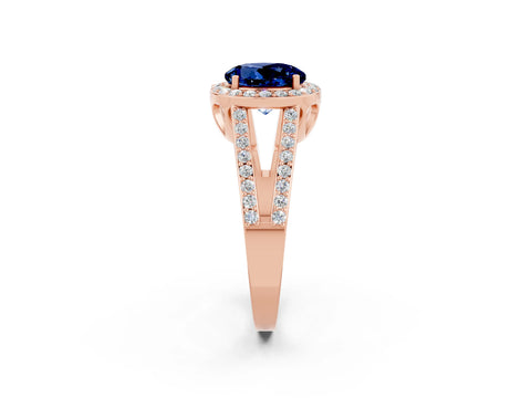 Rose gold Round Cut Blue Sapphire Halo Ring with Split Shank U-Prong Band and Four-Prong Setting_2
