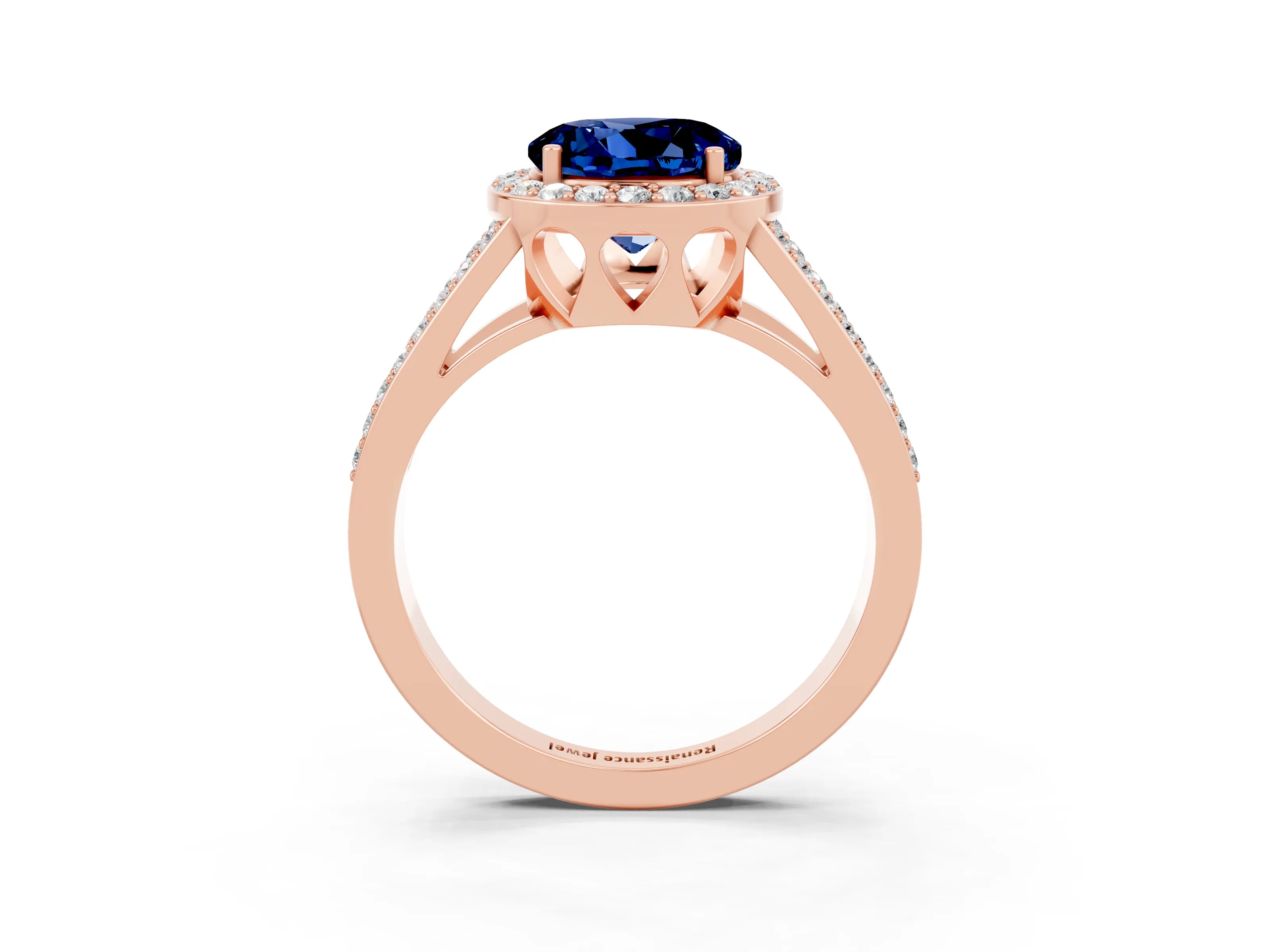 Rose gold Round Cut Blue Sapphire Halo Ring with Split Shank U-Prong Band and Four-Prong Setting_3
