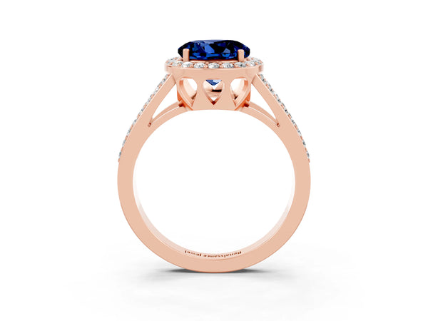 Rose gold Round Cut Blue Sapphire Halo Ring with Split Shank U-Prong Band and Four-Prong Setting