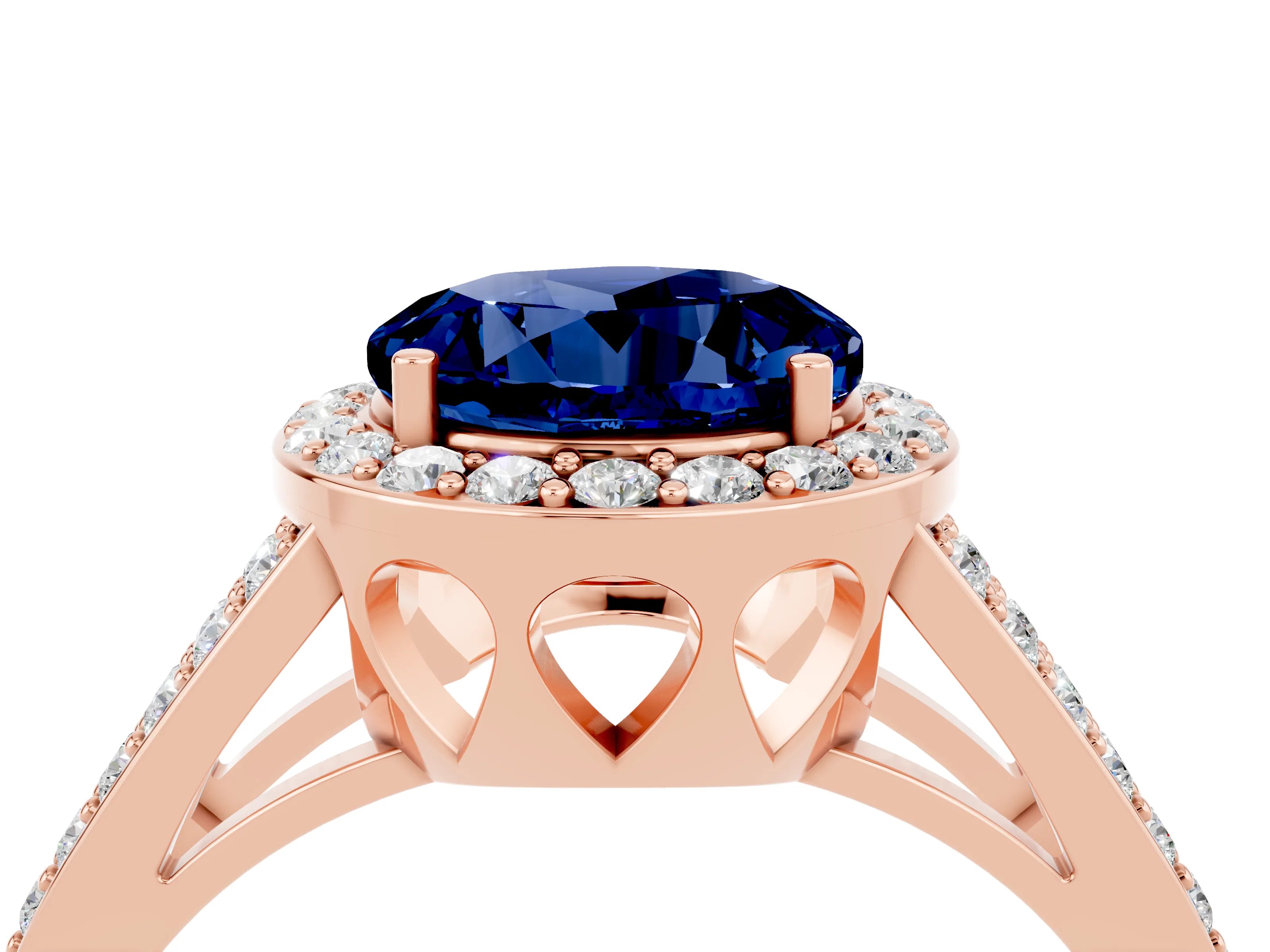 Rose gold Round Cut Blue Sapphire Halo Ring with Split Shank U-Prong Band and Four-Prong Setting_4