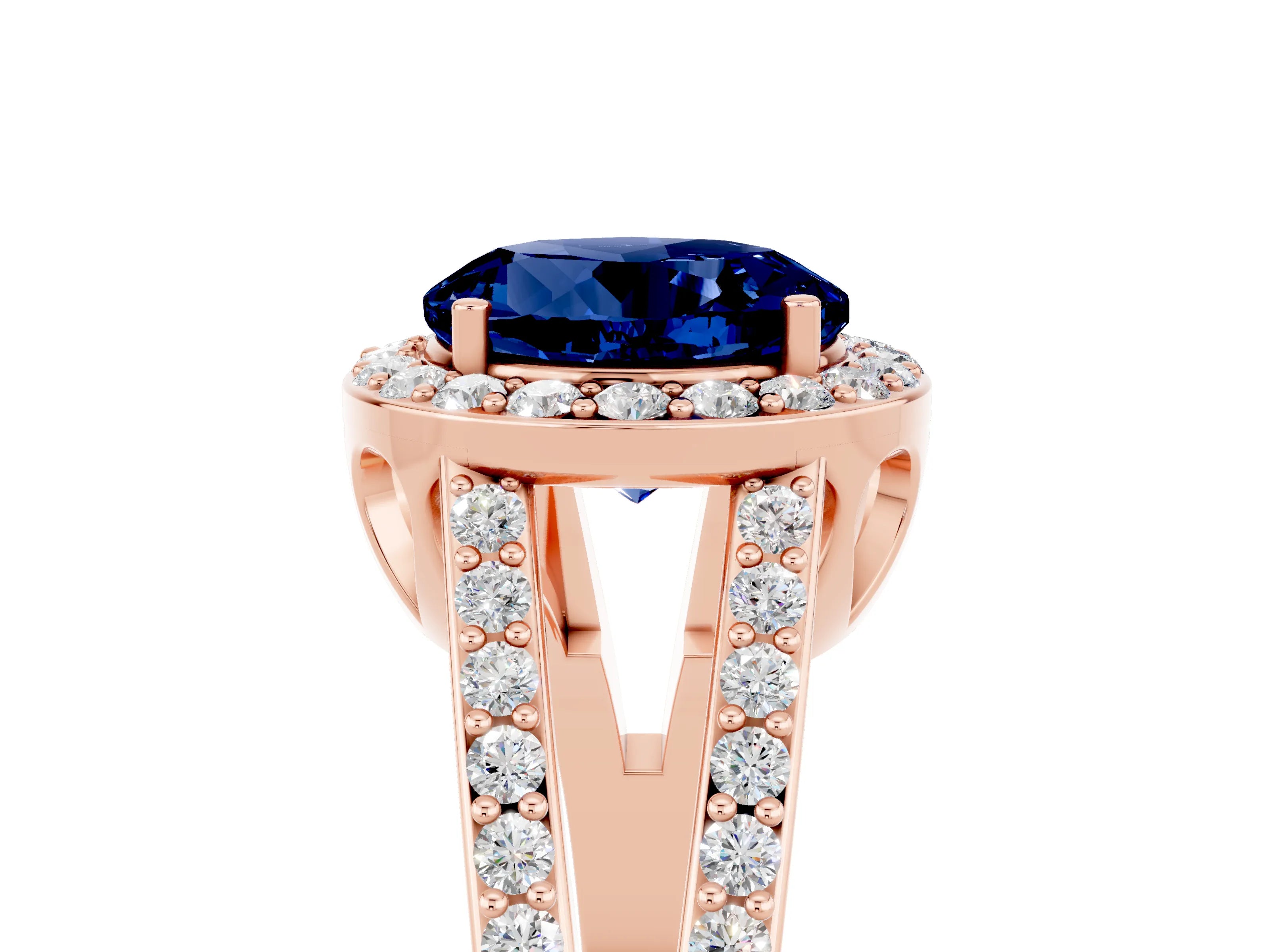 Rose gold Round Cut Blue Sapphire Halo Ring with Split Shank U-Prong Band and Four-Prong Setting_5