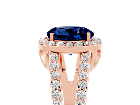 Rose gold Round Cut Blue Sapphire Halo Ring with Split Shank U-Prong Band and Four-Prong Setting_5